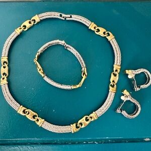 Vintage GUCCI Gold & Silver Horsebit Necklace, Bracelet & Earring—Rare Set